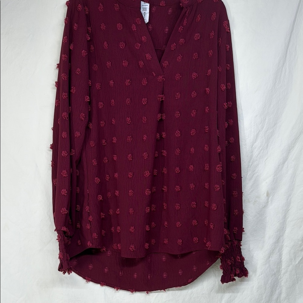 Red Ruffled Long Sleeve Blouse with Notched Collar